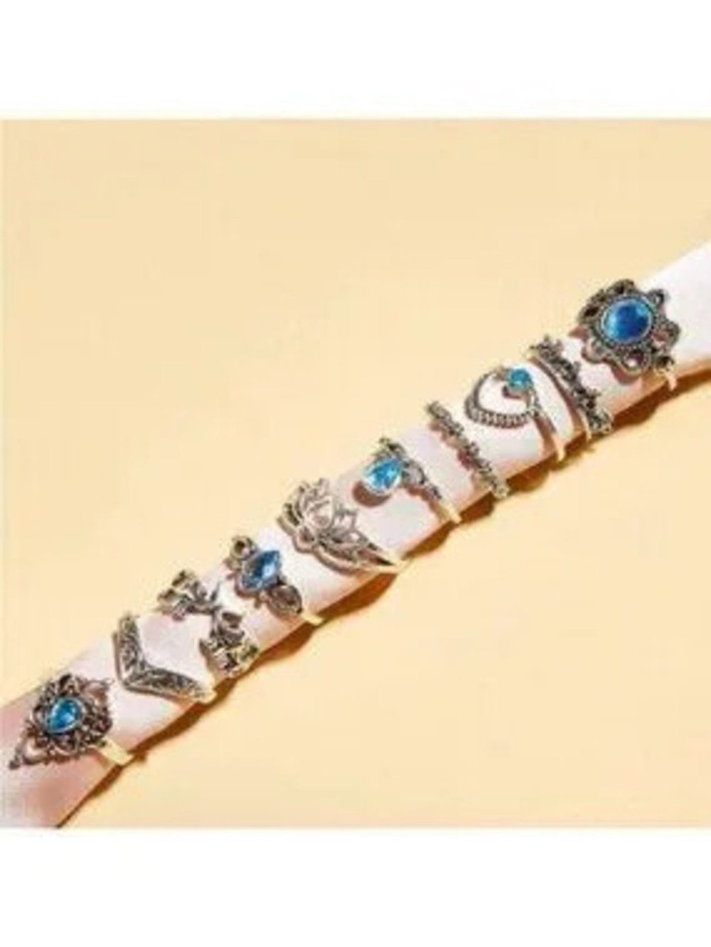 Silver & Blue Lotus Rhinestone 10pc Ring Set